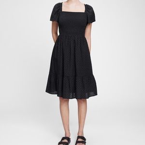 Women's Black Squareneck Smocked Tiered Midi Dress